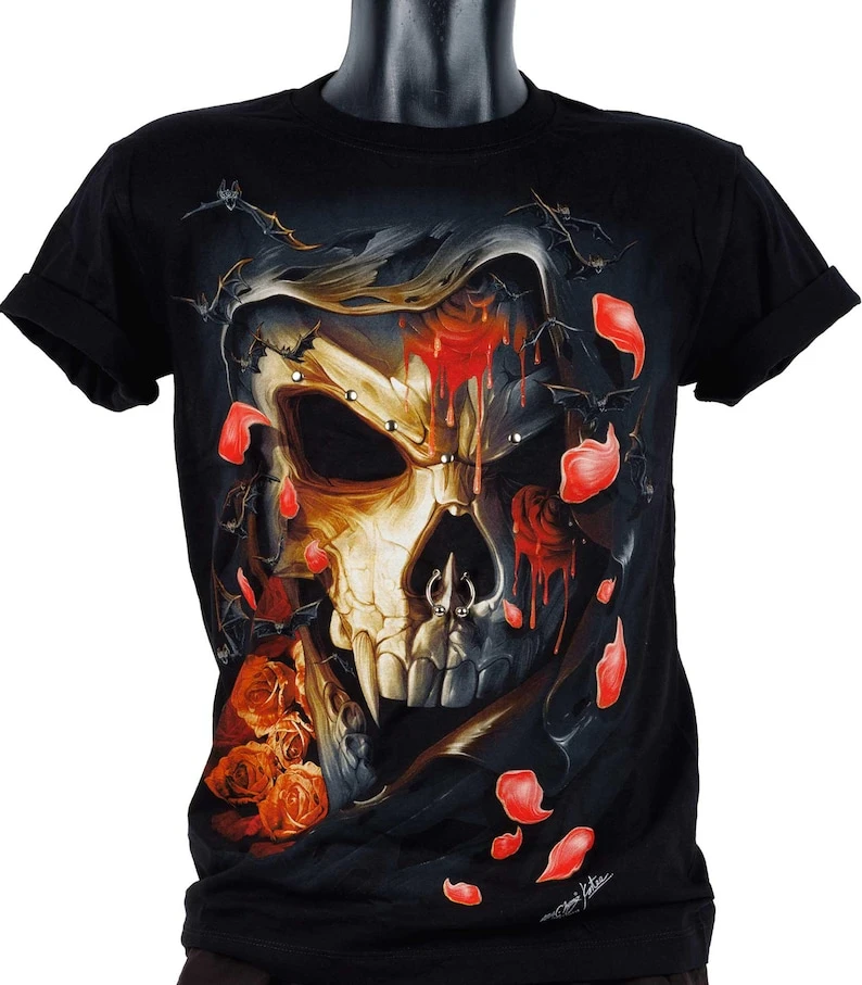 T-shirt 3D Rock Chang Original Vampire Skeleton with Roses 3D-173 Glow in the Dark Unisex